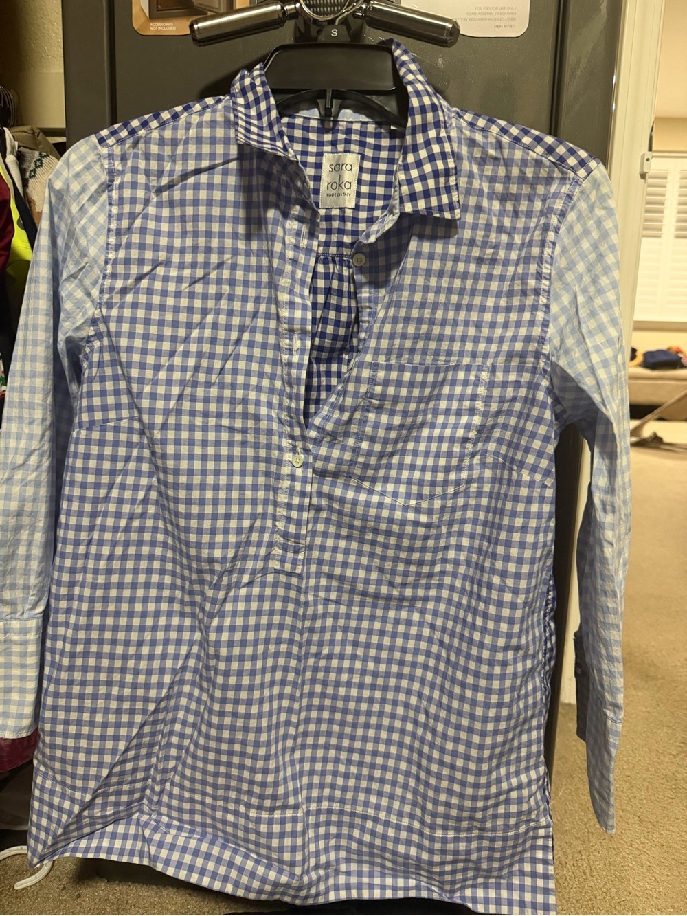 Sara Roka Italy Mixed Gingham Blue Button Down Tunic Top Size 42